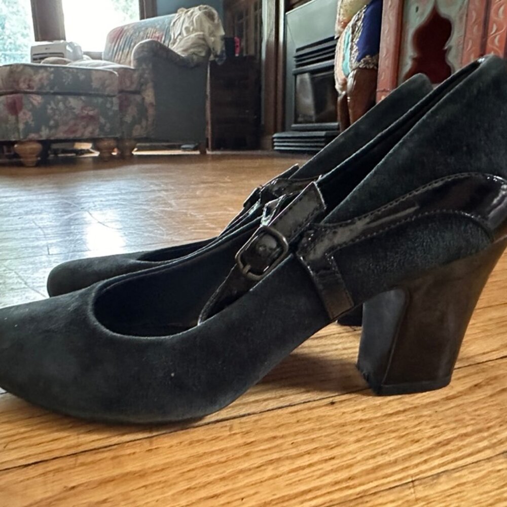 Black pumps - suede with patent leather strap and side detail.